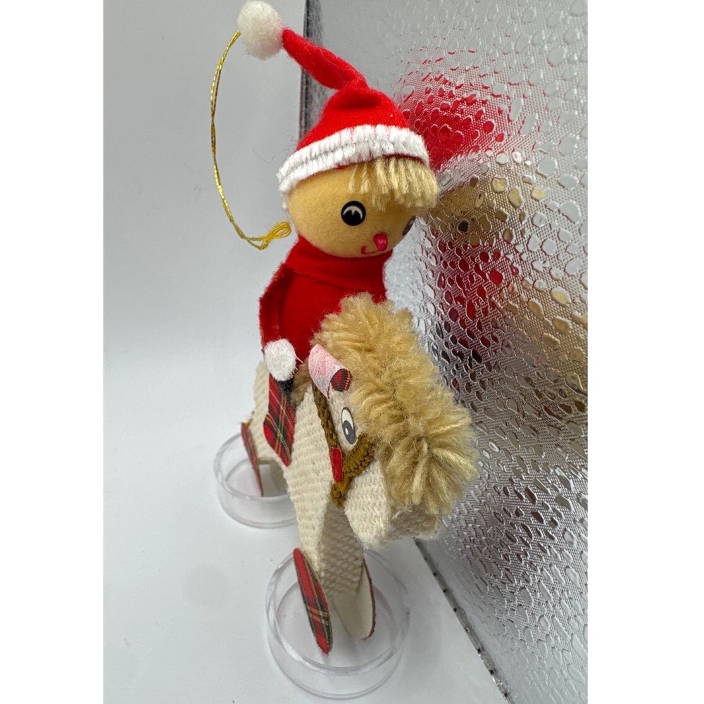 Vintage Christmas Ornament Felt Elf on Burlap Rocking Horse Plaid Red Tan Retro